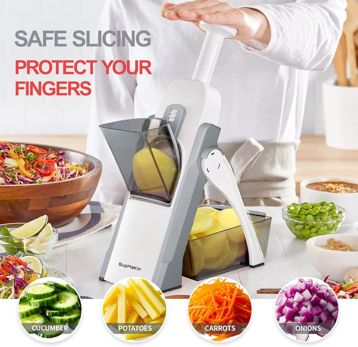 SupMaKin Mandoline Slicer for Kitchen, Safe Vegetable Chopper Adjustable Food Chopper Fruits and Vegetables Chopping Artifact (Gray)