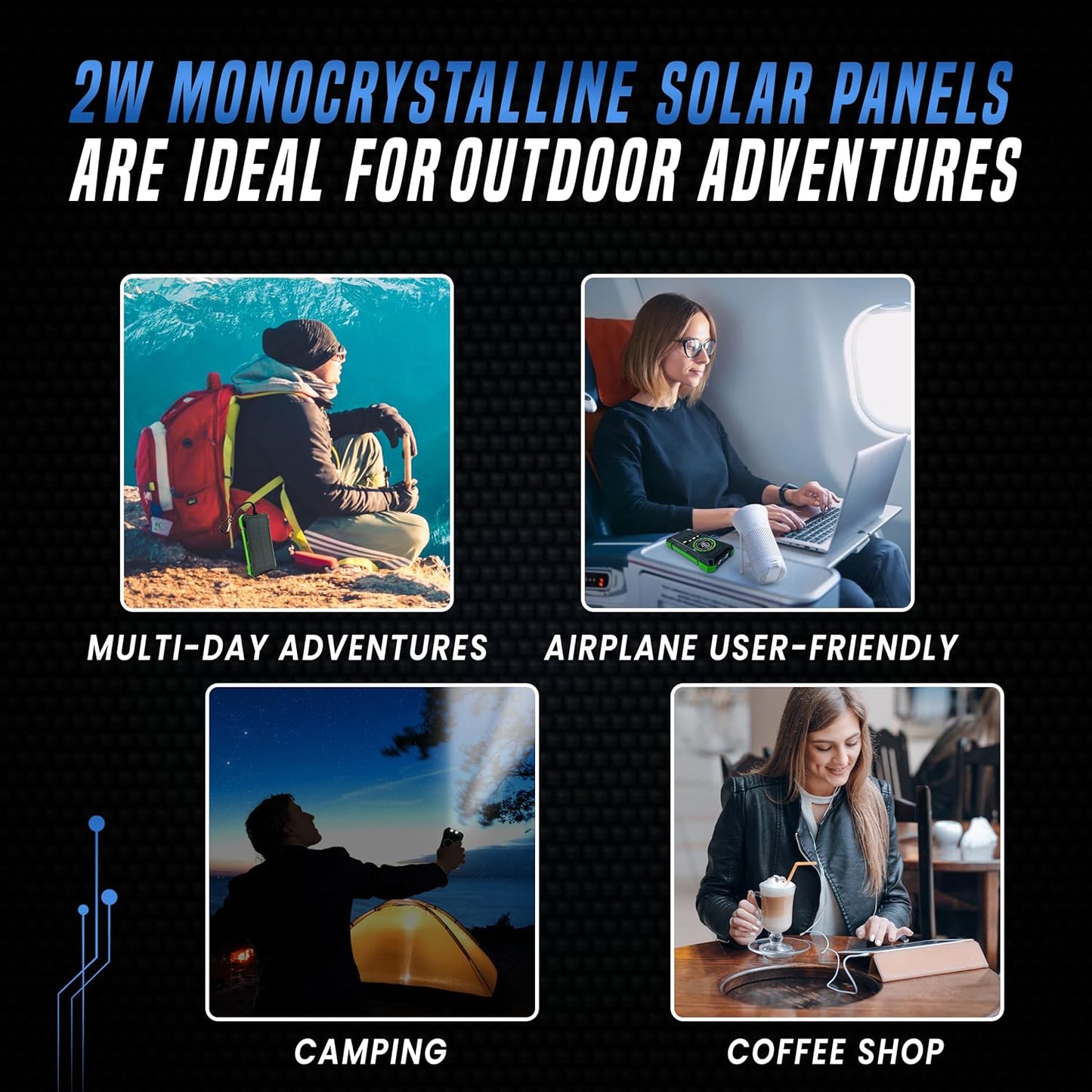 TPG 20000mAh Solar Power Bank with Wireless Charging, 22.5W Output, Portable Charger with Built-in 4 Cables and Flashlight - Ideal Battery Pack for Hiking, Camping, Travel, and Emergency Use