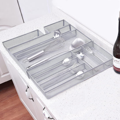 Metal Cutlery Tray Drawer Organizer Large, Expandable 7+2 Separate Compartments Mesh Utensil Organizer, Adjustable Kitchen Tableware Flatware Tray with Non-Slip Foam Feet
