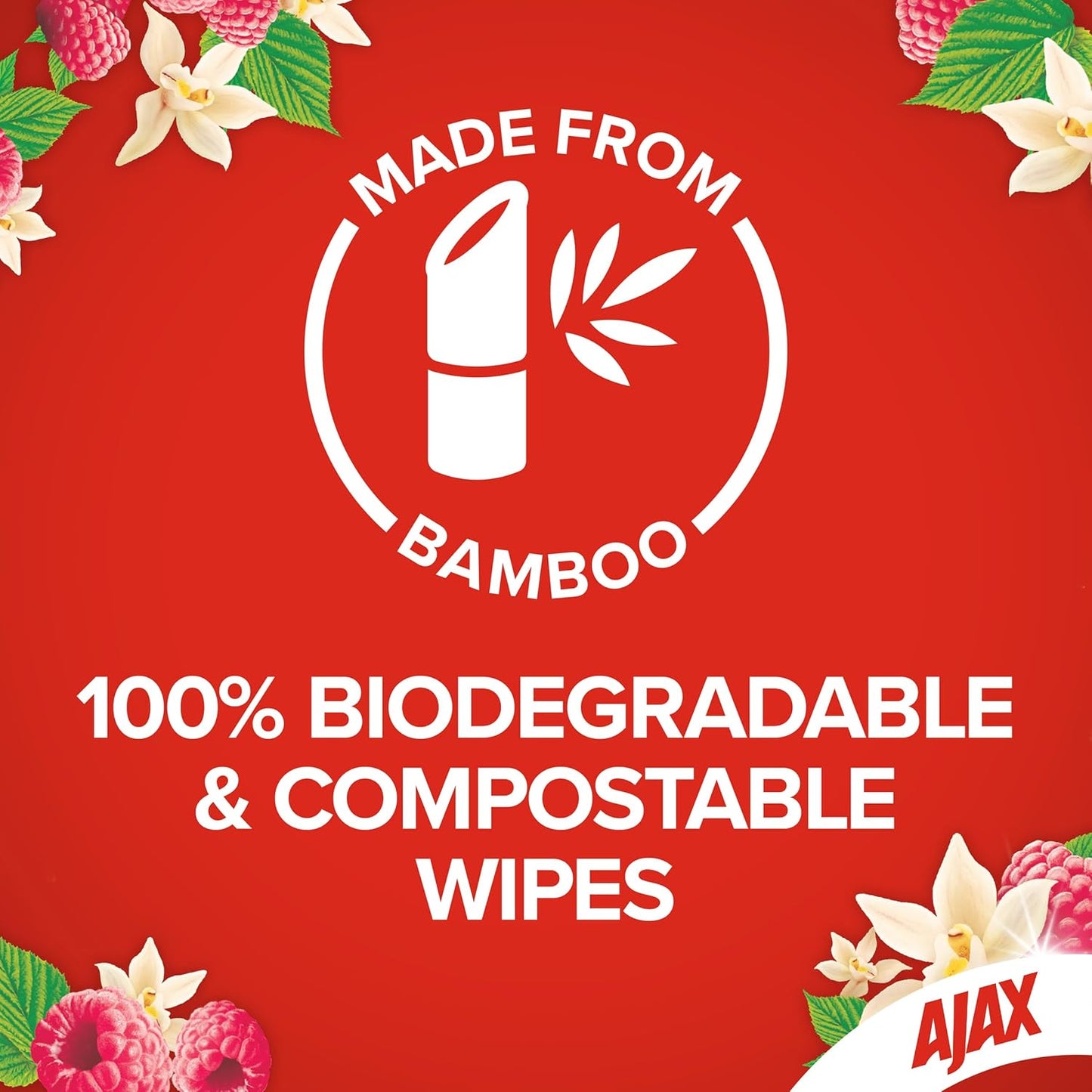 Ajax Eco Antibacterial Disinfectant Surface Cleaning Wipes, Bulk 110 Pack, Vanilla and Berries, Multipurpose, Biodegradable and Compostable, Made with Bamboo Fibres