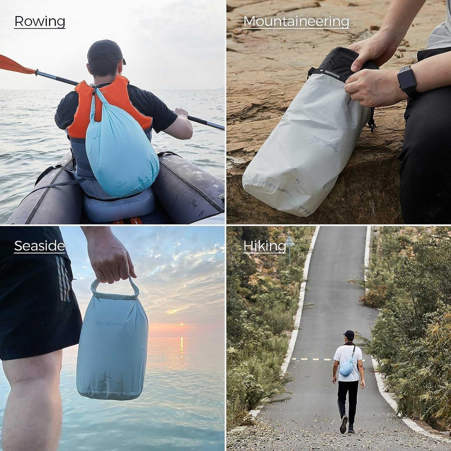 BEE NESTING Ultralight Dry Bag Large 3 Piece Set - Waterproof Siliconized Dry Sack Accessory for Lightweight Travel, Boating, Kayaking, Camping, Swimming(12L 20L & Shoulder Strap 3 Pack)