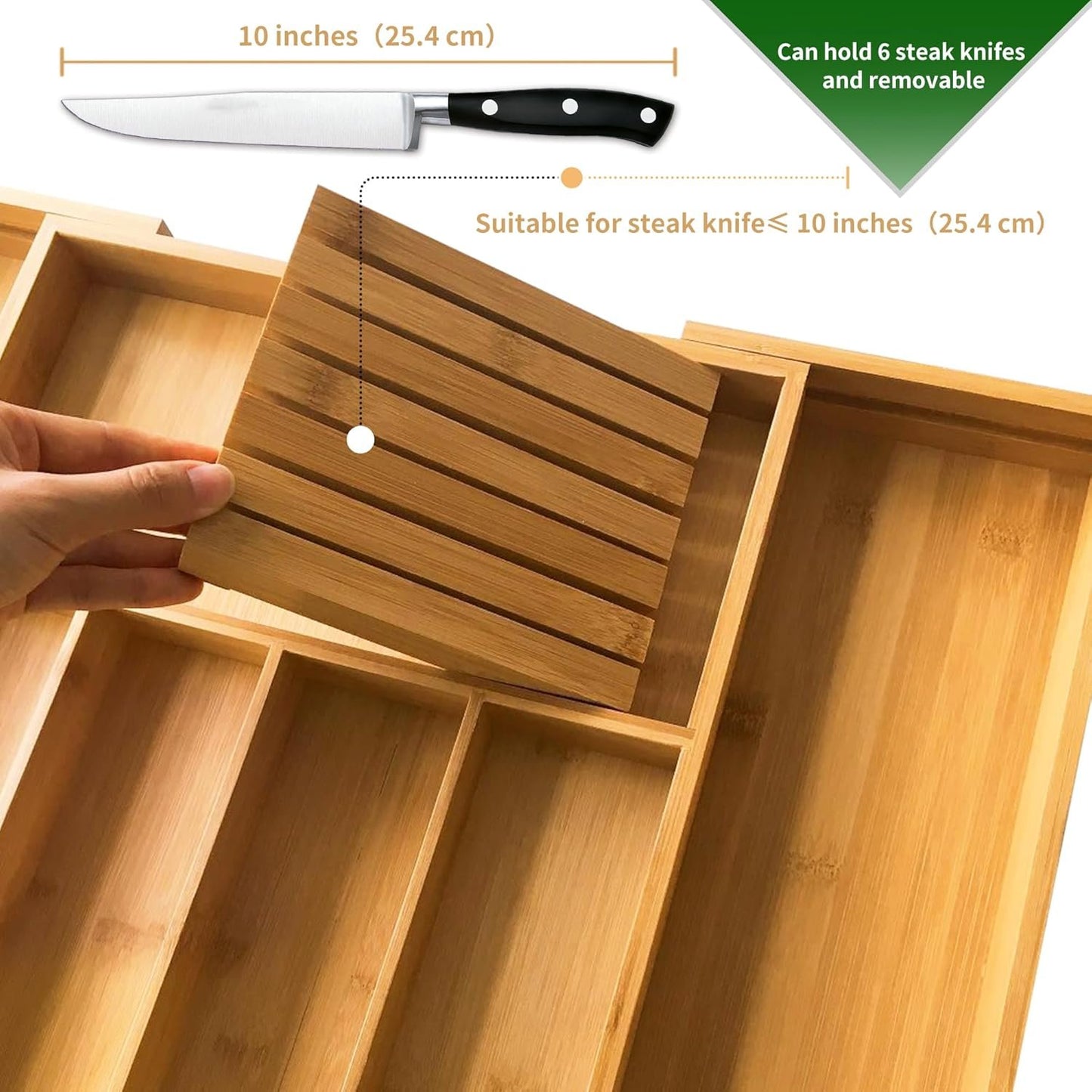 VaeFae Bamboo Cutlery Organizer for Kitchen, Wooden Utensil Drawer Organizer, Expandable Cutlery Tray, Utensil Organizer with Removable Knife Block