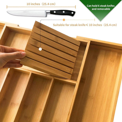 VaeFae Bamboo Cutlery Organizer for Kitchen, Wooden Utensil Drawer Organizer, Expandable Cutlery Tray, Utensil Organizer with Removable Knife Block