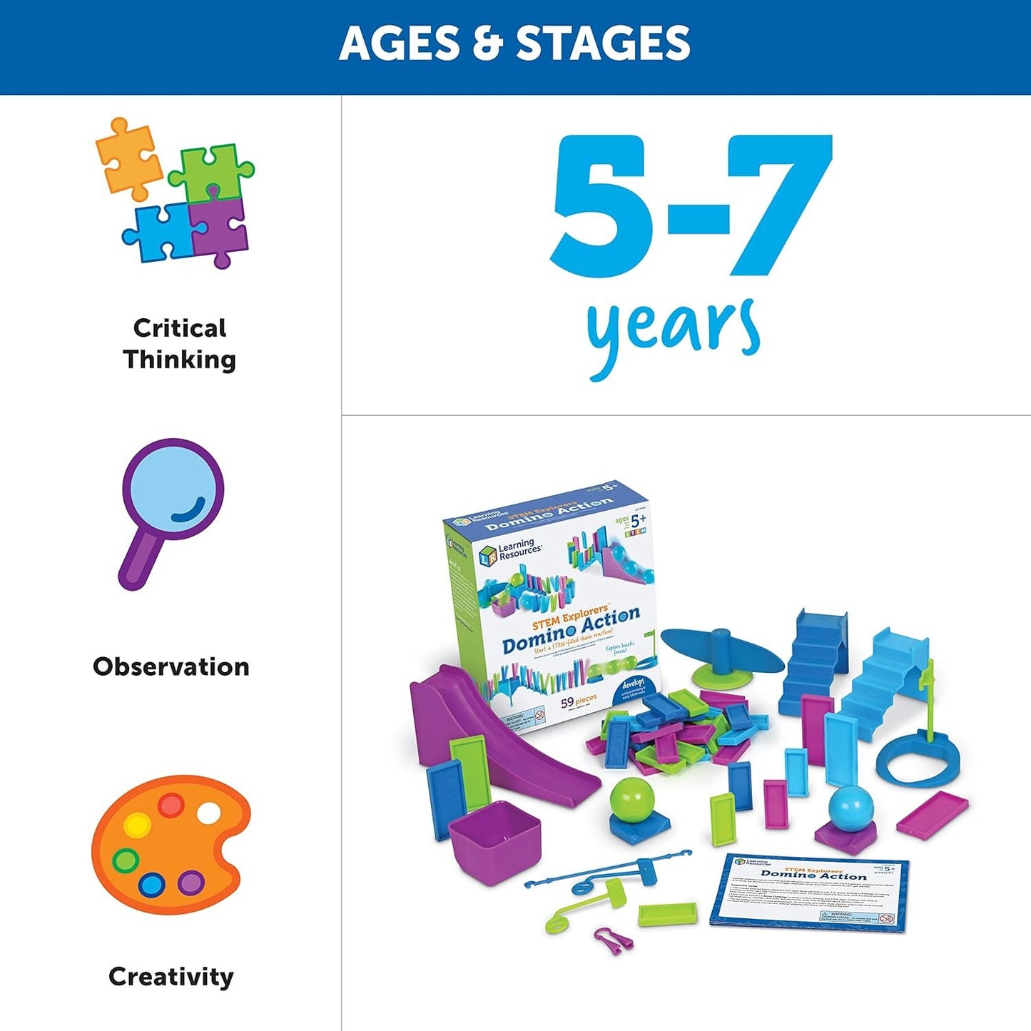 Learning Resources STEM Explorers Domino Action, STEM Toys for Kids, 59 Pieces, Age 5+