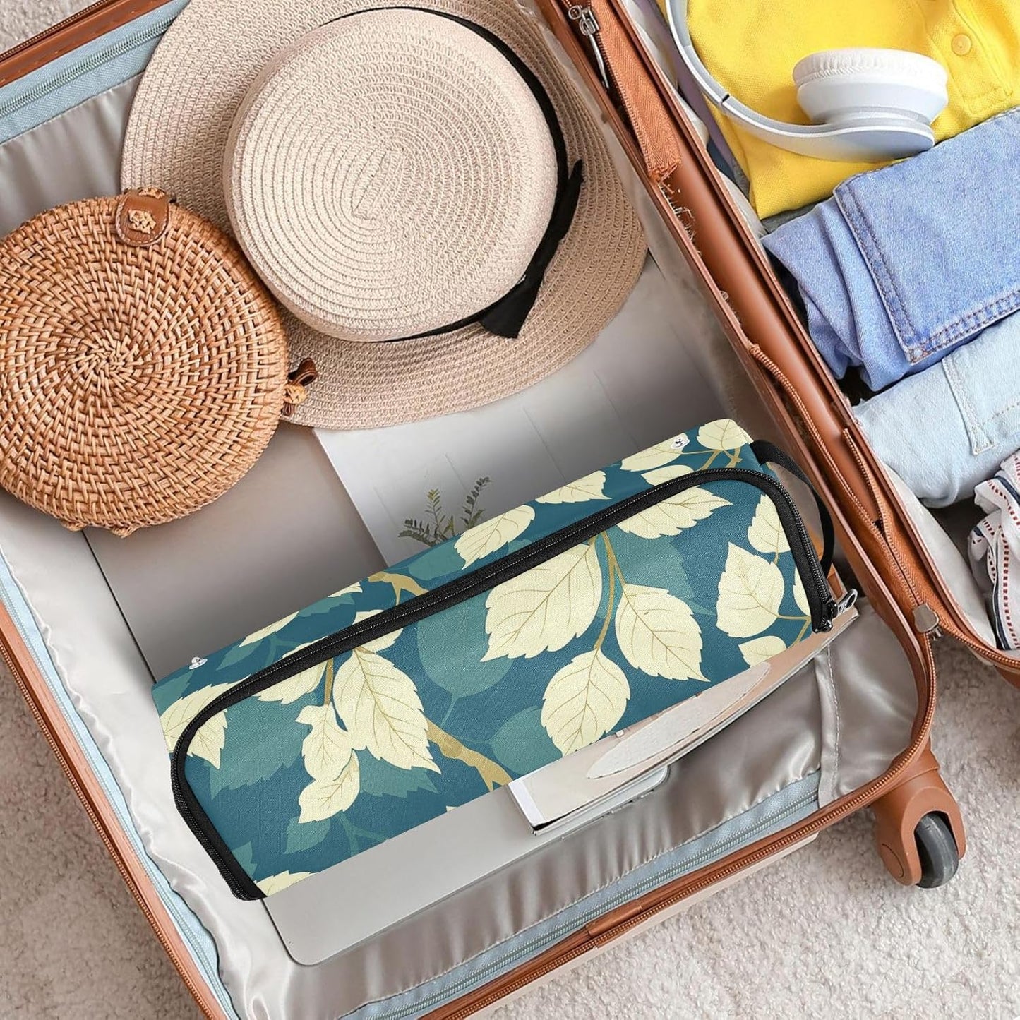 Borsa da viaggio per strumenti per capelli e tappetino resistente al calore, custodia da viaggio a doppio strato per utensili caldi e accessori per la cura dei capelli, foglia di timo, beige, foglia