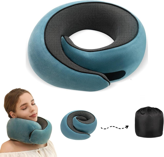 Neck Travel Pillow | Memory Foam Neck Pillow for Comfort on Airplane | Compact and Ergonomic Design for Travel, Car Rides, Home Use | Ideal for Adults Kids (Peacock Blue)