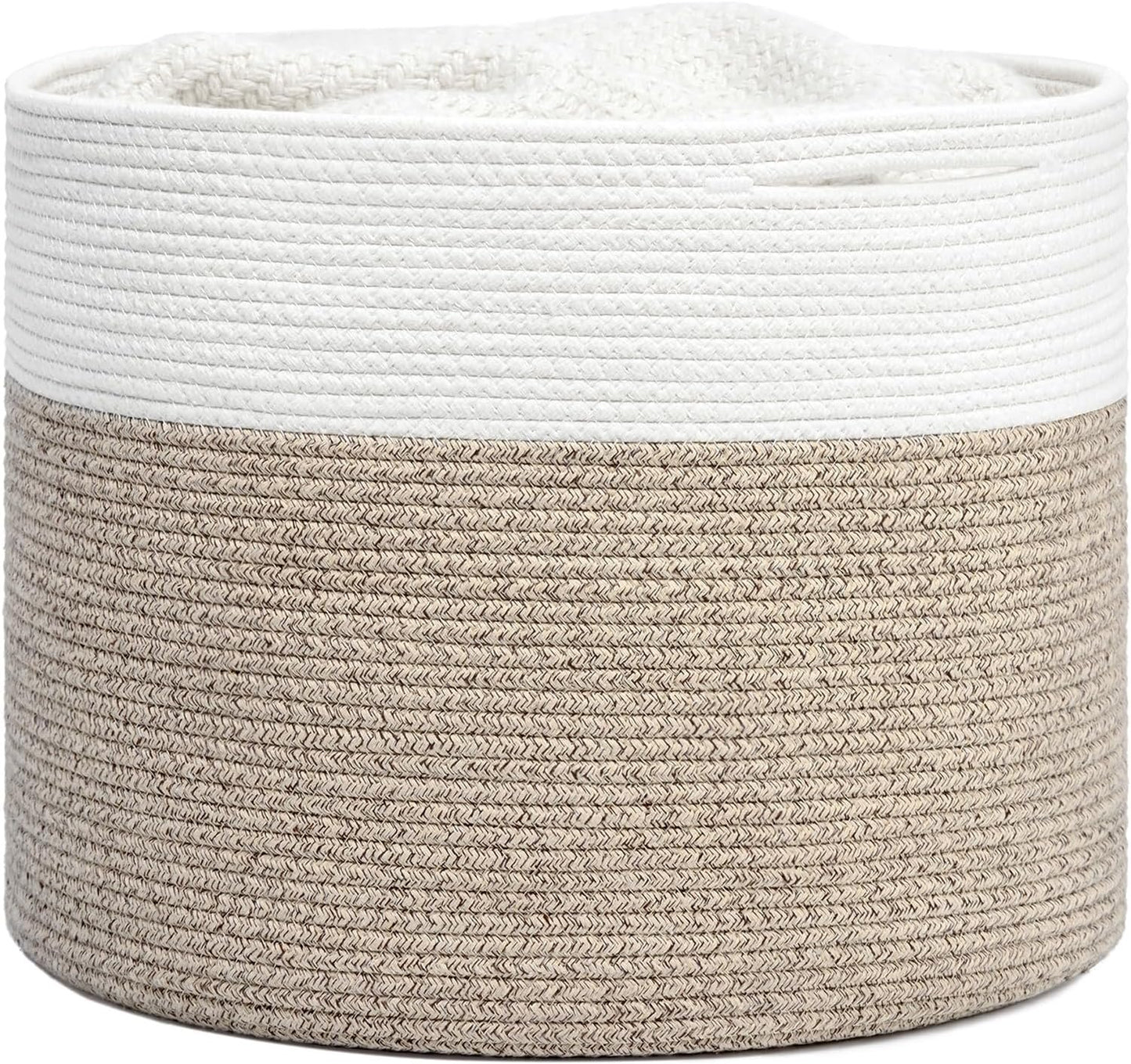 INDRESSME Large Cotton Rope Storage Basket - Woven Blanket Basket in Living Room Pillows Storage Bins with Handles for Toys Plant Basket Home Decor Warm Mix Brown White, 15.8"x15.8"x13.8"