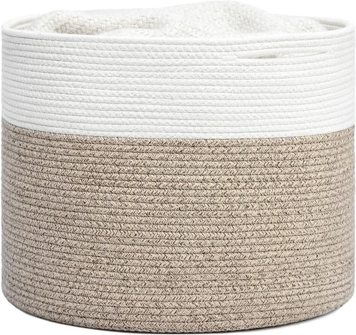 INDRESSME Large Cotton Rope Storage Basket - Woven Blanket Basket in Living Room Pillows Storage Bins with Handles for Toys Plant Basket Home Decor Warm Mix Brown White, 15.8"x15.8"x13.8"