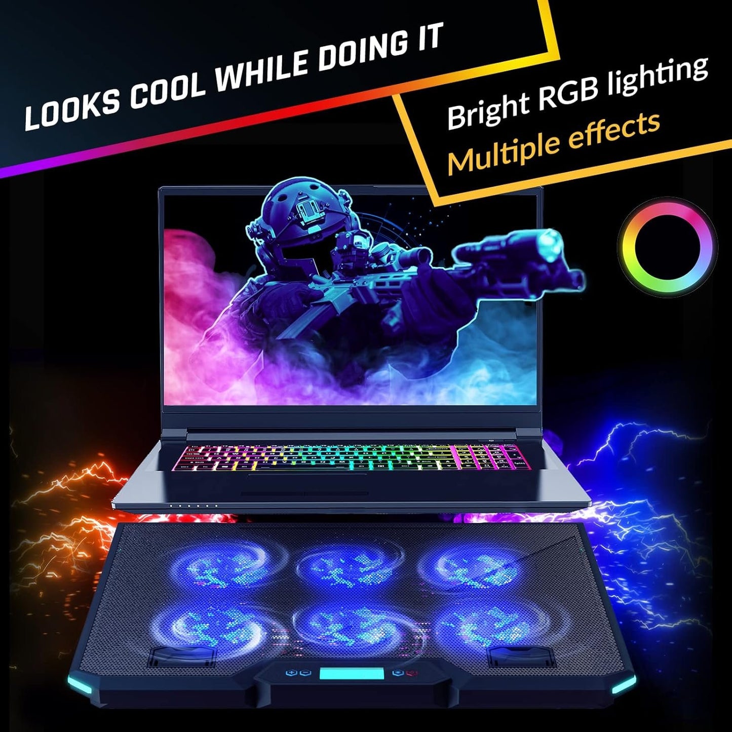 KLIM Glacier RGB Laptop Cooling Pad - 6 Fans Gaming Cooler - Stable Stand With Fan - Compatible up to 17" - 5 Year Warranty - PC Mac PS5 PS4 Xbox One