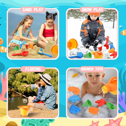 Beach Toys, Sandbox Toys with Collapsible Sand Bucket, Shovel Set, Sand Castle Kit, Animal Molds Mesh Bag, Summer Water Poor Sea Outdoor Play Travel Toys for Kids Toddlers Boys Girls-19PCS