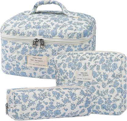 Floral Makeup Bag Set, 3-Piece Quilted Cosmetic Organizer, Blue, Travel Toiletry Pouch, Cotton Carry Bag for Brushes, Shampoo, Facial Cleanser, Accessories, blue, Please refer to description