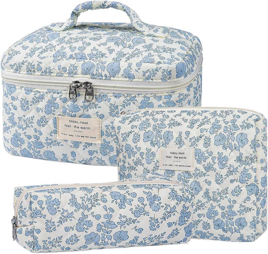 Floral Makeup Bag Set, 3-Piece Quilted Cosmetic Organizer, Blue, Travel Toiletry Pouch, Cotton Carry Bag for Brushes, Shampoo, Facial Cleanser, Accessories, blue, Please refer to description