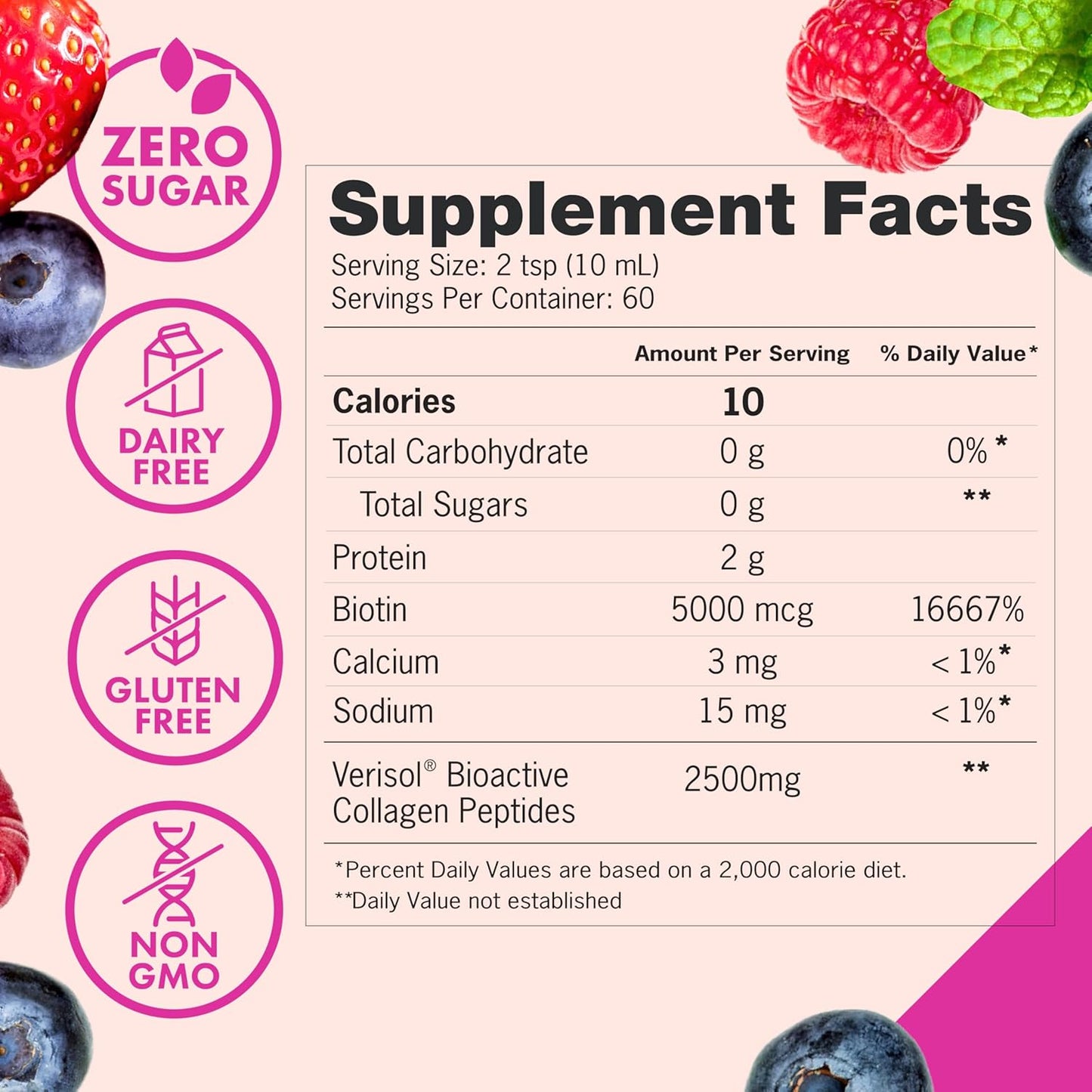 Zena Nutrition Liquid Collagen Peptides and Biotin, 2500mg Verisol Bioactive Collagen Peptides, 5000mcg Biotin, Hair, Skin, Nail Supplement for Women and...