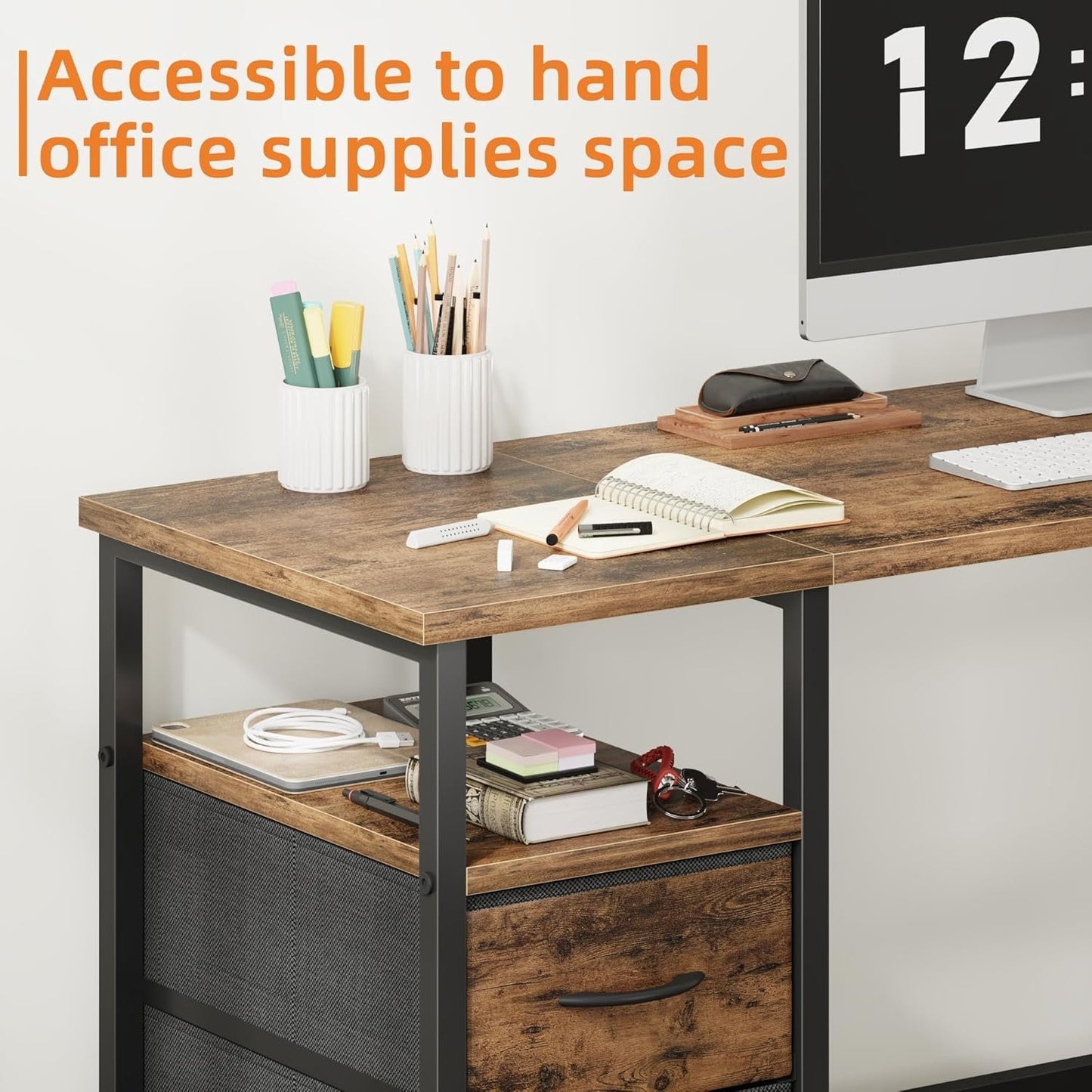 YAOHUOO Computer Desk with 4 Fabric Drawers Organizer - 63"/160 Office Desks with File Drawer Organization, PC Work Desk Study Writing Table Workstation for Home Office Space Rustic Brown