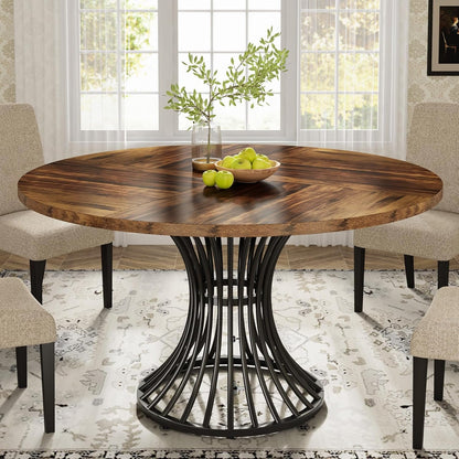 Tribesigns Round Dining Table for 4-6 People, 47-Inch Farmhouse Dinning Room Table Circle Kitchen Table, Industrial Dinner Table with Metal Base for Kitchen, Living Room, Rustic Brown