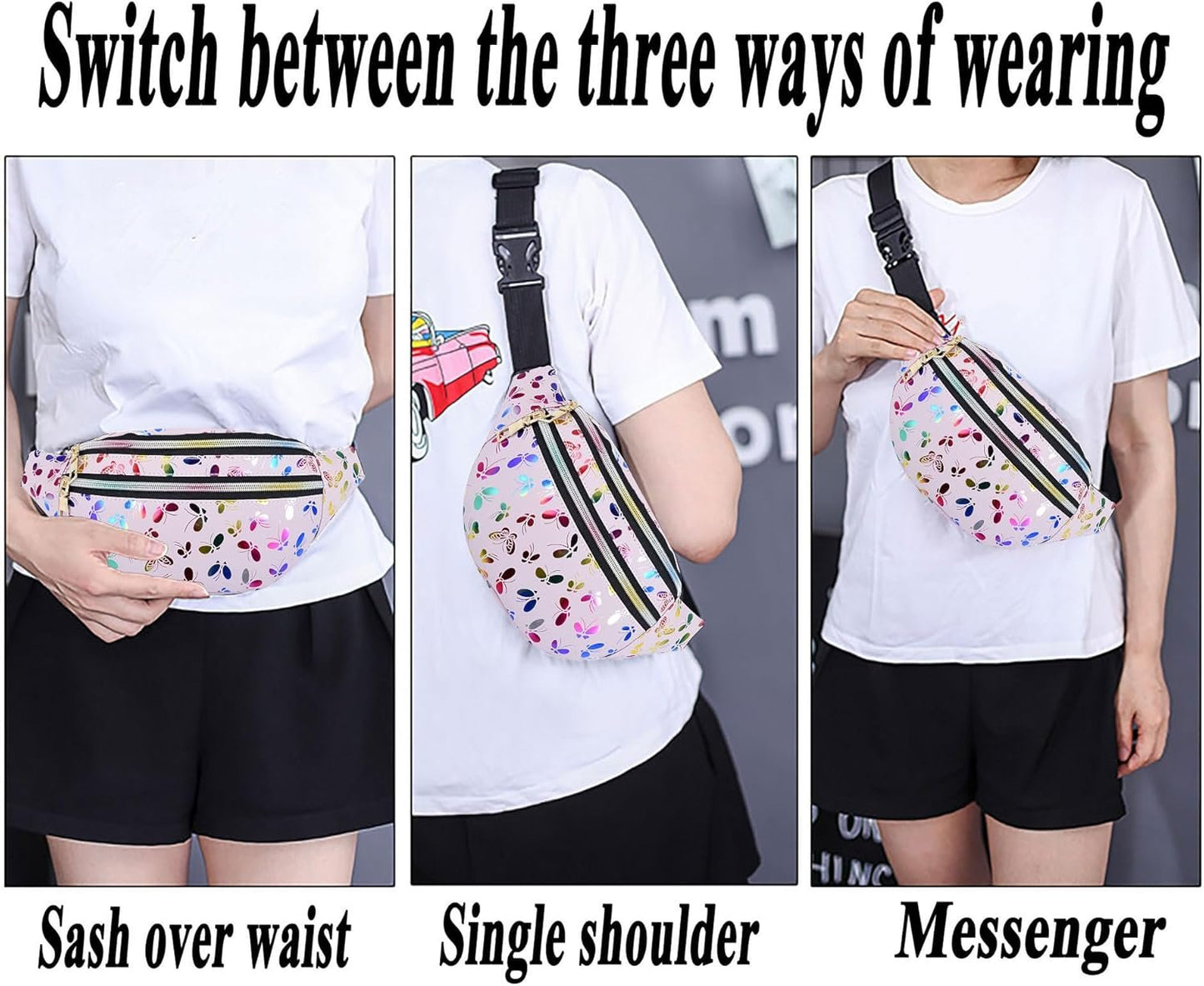 HNKJDS Butterfly Pattern Fanny Pack Shiny Waterproof Waist Packs for Women Men Fashion Holographic Belt Bag with Adjustable Belt for Rave Festival Hiking Travel Outdoor, Pink, One Size, Shiny Waist