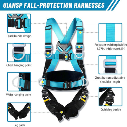 UIANSP Safety Harness Fall Protection Kit:safety harness fall protection harness roofing harness Blue black Safety harness Shock Absorbing Lanyard - Updated Comfortable Waist Pad Roofing Harness