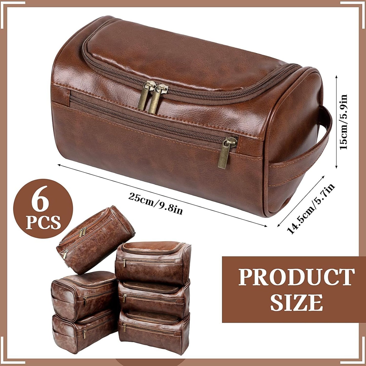 PU Leather Toiletry Bag for Men, 6 Pack Waterproof Cosmetic Bags with Hanging Hook, Travel Shaving Dopp Kit for Groomsmen, Gift for Wedding, Birthday, Father's Day, Valentine's Day - Elegant Brown