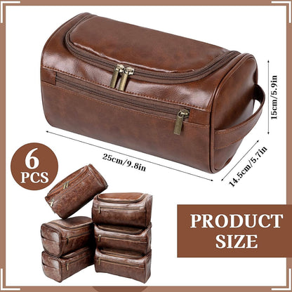 PU Leather Toiletry Bag for Men, 6 Pack Waterproof Cosmetic Bags with Hanging Hook, Travel Shaving Dopp Kit for Groomsmen, Gift for Wedding, Birthday, Father's Day, Valentine's Day - Elegant Brown