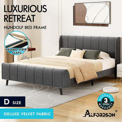 ALFORDSON Bed Frame Base Double Size with Headboard, Bed Platform Foundation with Velvet Fabric Upholstered for Mattress Topper, HUNDOLF Series Velvet Grey