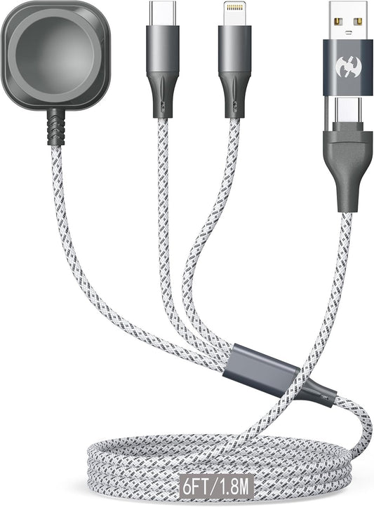 Multi Charging Cable for Apple Watch Charger 6FT Nylon Braided USB A/C Lightning Type C USB C Cord iWatch Magnetic Wireless Charger 3 in 2 Charging Wire for Apple iPhone Android Phone and iWatch