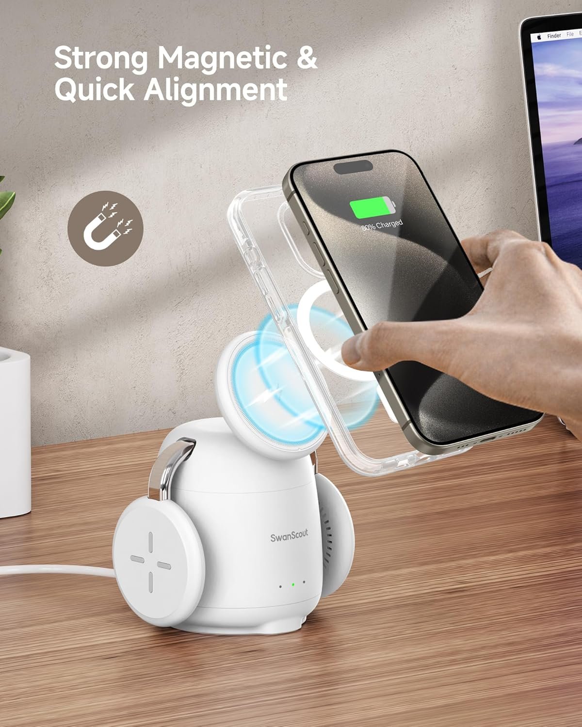 SwanScout Wireless Charging Station for MagSafe, SwanScout 707M, 3 in 1 Magnetic Wireless Charger Stand for iPhone 16/15/14/13/12, 5W Fast Charger for Apple Watch Series 10/9/8/7,Airpods (White)