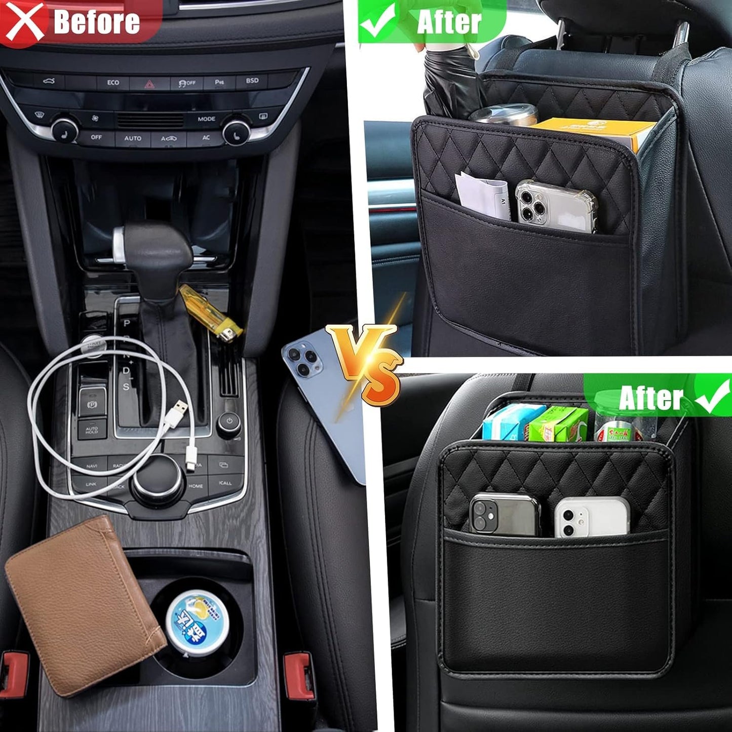 Backseat Car Organiser, Car Net Pocket Handbag Holder Bag, 2 Pack Car Seat Back Hanging Bag, Multi-Pocket All Purpose Car Trip Bag Storage Box for iPad,bottles,Toys,Books,Tissues,etc