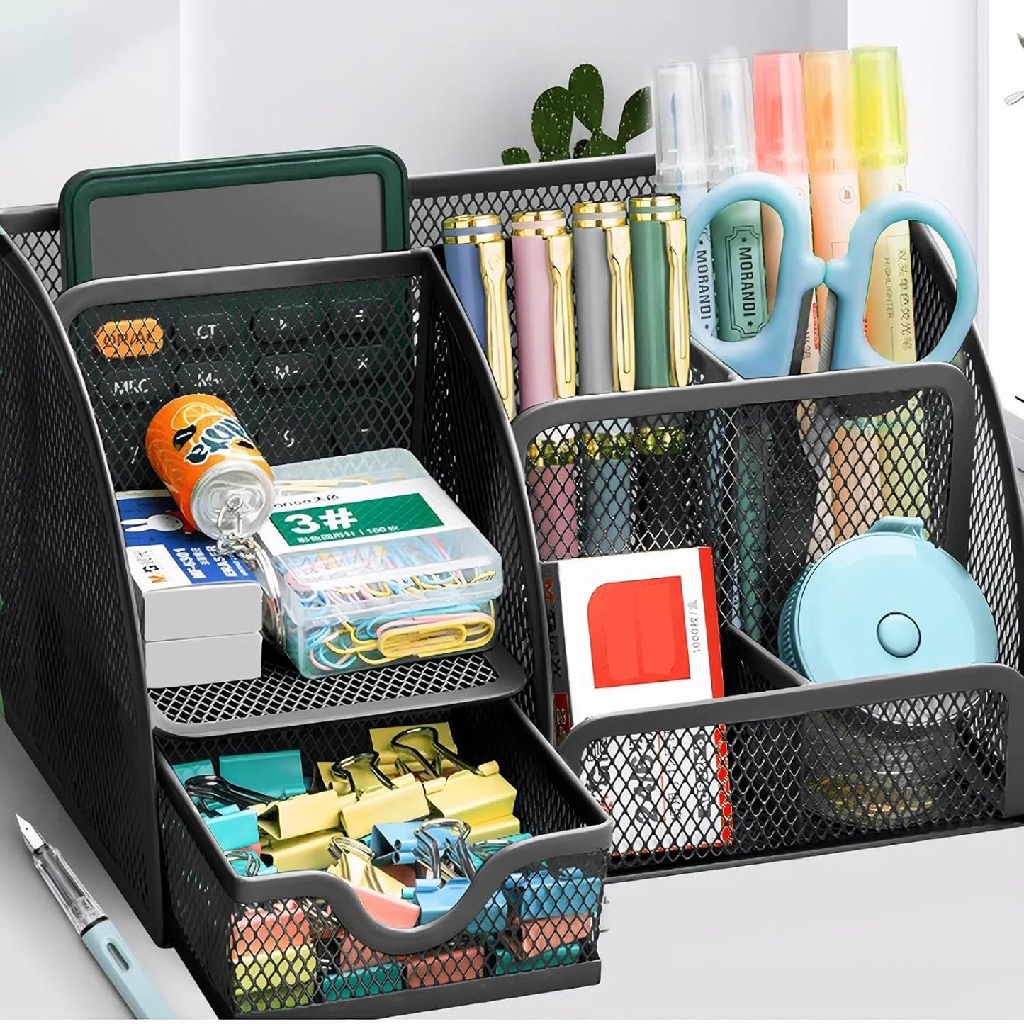Desk Organizer with Drawer and Compartments, Small Mesh Office Desk Accessories Supplies, Metal Black Stationary Pencil Pen Holder for desk organizers and storage (Black)