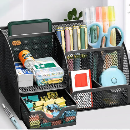 Desk Organizer with Drawer and Compartments, Small Mesh Office Desk Accessories Supplies, Metal Black Stationary Pencil Pen Holder for desk organizers and storage (Black)