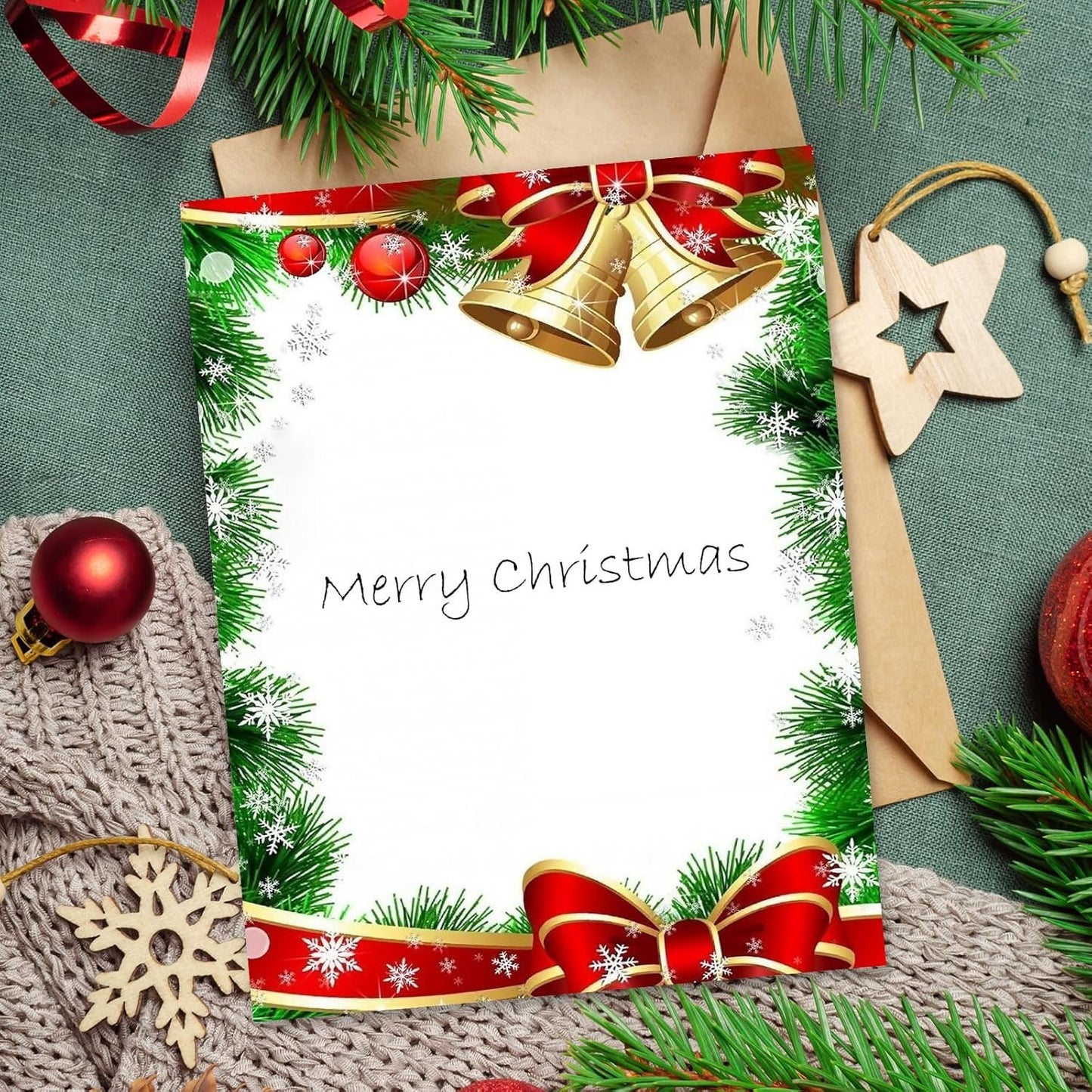 AnyDesign 60Pcs Christmas Stationery Paper Xmas Bell Design Border Letterhead Decorative Letter Writing Paper for Notes Greeting Cards Invitation Office School Printing, 8.5 x 11 Inch