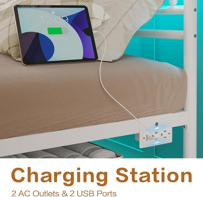 Bed Frame Full Size with Charging Station, LED Bed Frame with Victorian Style Headboard, Under-Bed Storage, No Box Spring Needed, Easy Assembly, White