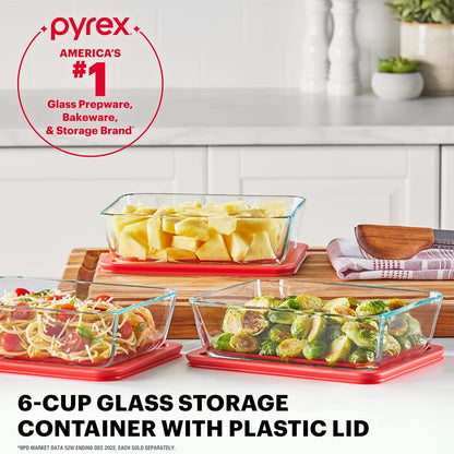 Pyrex Simply Store Glass Food Storage Container, Snug Fit Non-Toxic Plastic BPA-Free Lids, Freezer Dishwasher Microwave Safe, 6 Cup