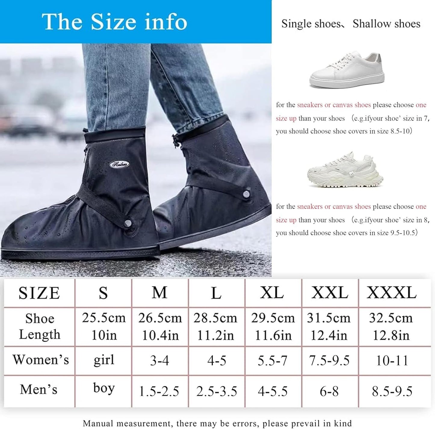 Rain Shoe Covers Waterproof Rain Boot Shoe Cover PVC Rubber Sole Reusable Anti-Slip Rain Snow Boots Overshoes Gear Shoes Durable Mud-Proof Shoe Protector for Cycling Outdoor Travel (Black, XL)