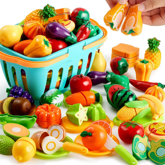 JOYIN 68Pcs Cutting Play Food Toy for Toddlers Kitchen, Fake Food for Kids Play Kitchen, Includes Plastic Fruit &Vegetables, Storage Basket, Mini Dishes and Knife, Pretend Play Toys, Toddler Gifts