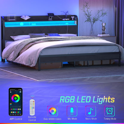 Bed Frame with Charging Station and LED Lights King Size,Upholstered Headboard with Storage Shelves(Dark Grey) Noise Free，Easy Assembly，No Box Spring Needed，Sturdy，Black+Rustic+ Brown