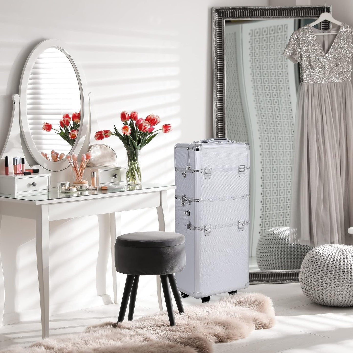 HOMCOM - Professional Makeup Artist Trolley Beauty Case Aluminium, silver