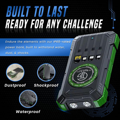 TPG 20000mAh Solar Power Bank with Wireless Charging, 22.5W Output, Portable Charger with Built-in 4 Cables and Flashlight - Ideal Battery Pack for Hiking, Camping, Travel, and Emergency Use