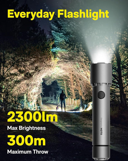 HOTO Flashlight High Lumen, Tactical Flashlight Self Defence, Rechargeable LED Torch with Clip, IP68 Waterproof, 5 Modes, USB-C Charging, Ideal for Emergency/Camping/Hiking/Climbing