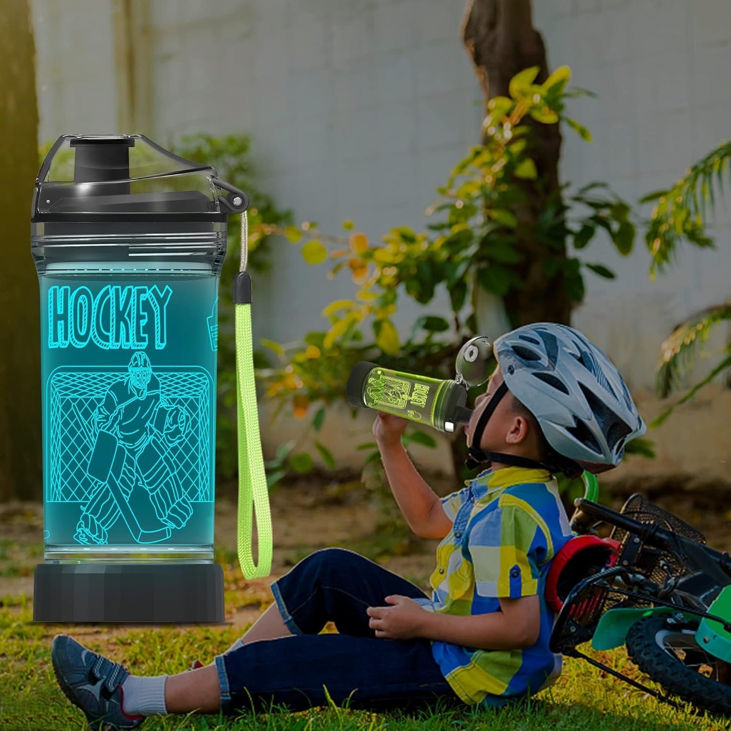 Hockey Water Bottle for Kids, Attivolife Light up 3D Travel Cup with 14 OZ Tritan BPA Free Eco-Friendly - Timer Function, Cool Drinking Cups Gifts for Hockey Player Boy School Sports Camping Picnic