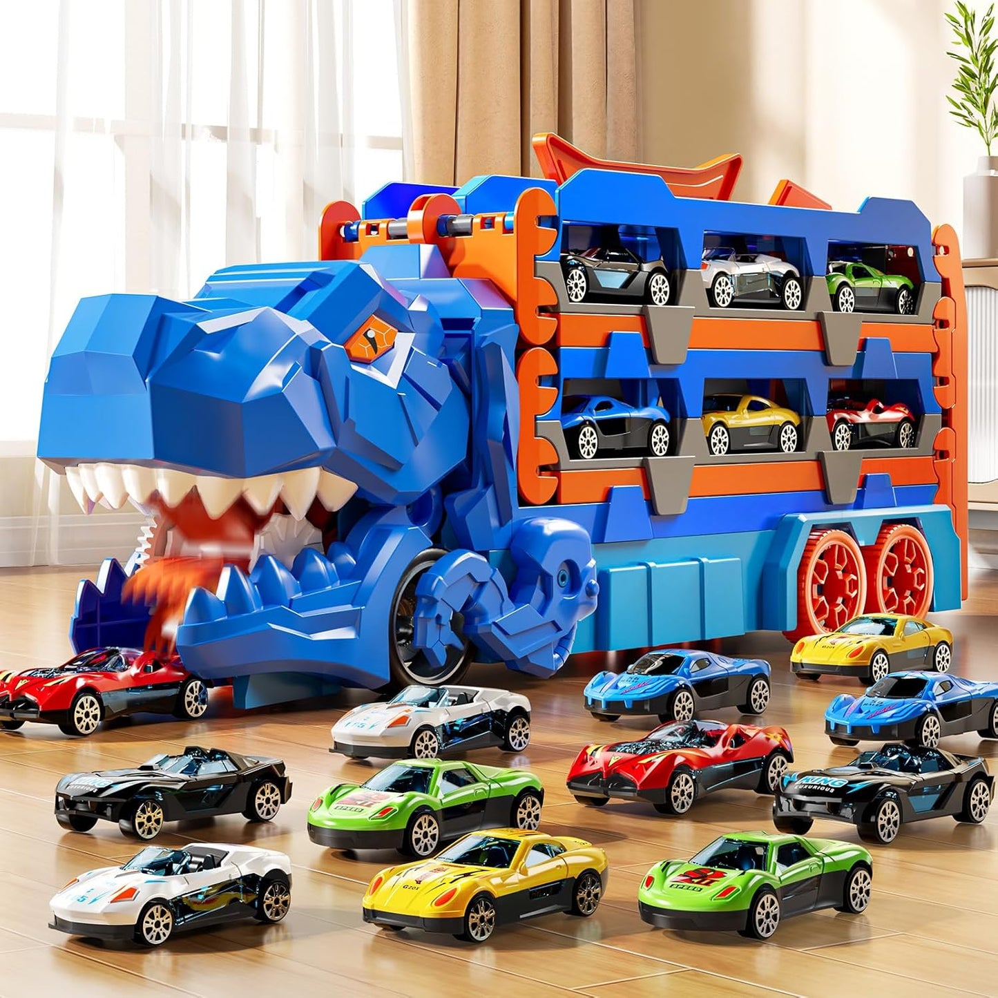 MSKOLER Dinosuar Truck Toy for Kids 3 4 5 6 Years Old - Dinosaur Cars Set, Toy Vehicle, Carrier Truck for Toddlers 3-4 Years, Race Track Set, Birthday Gifts Toys for Boys 3 4 5 6 7 8 Years Old