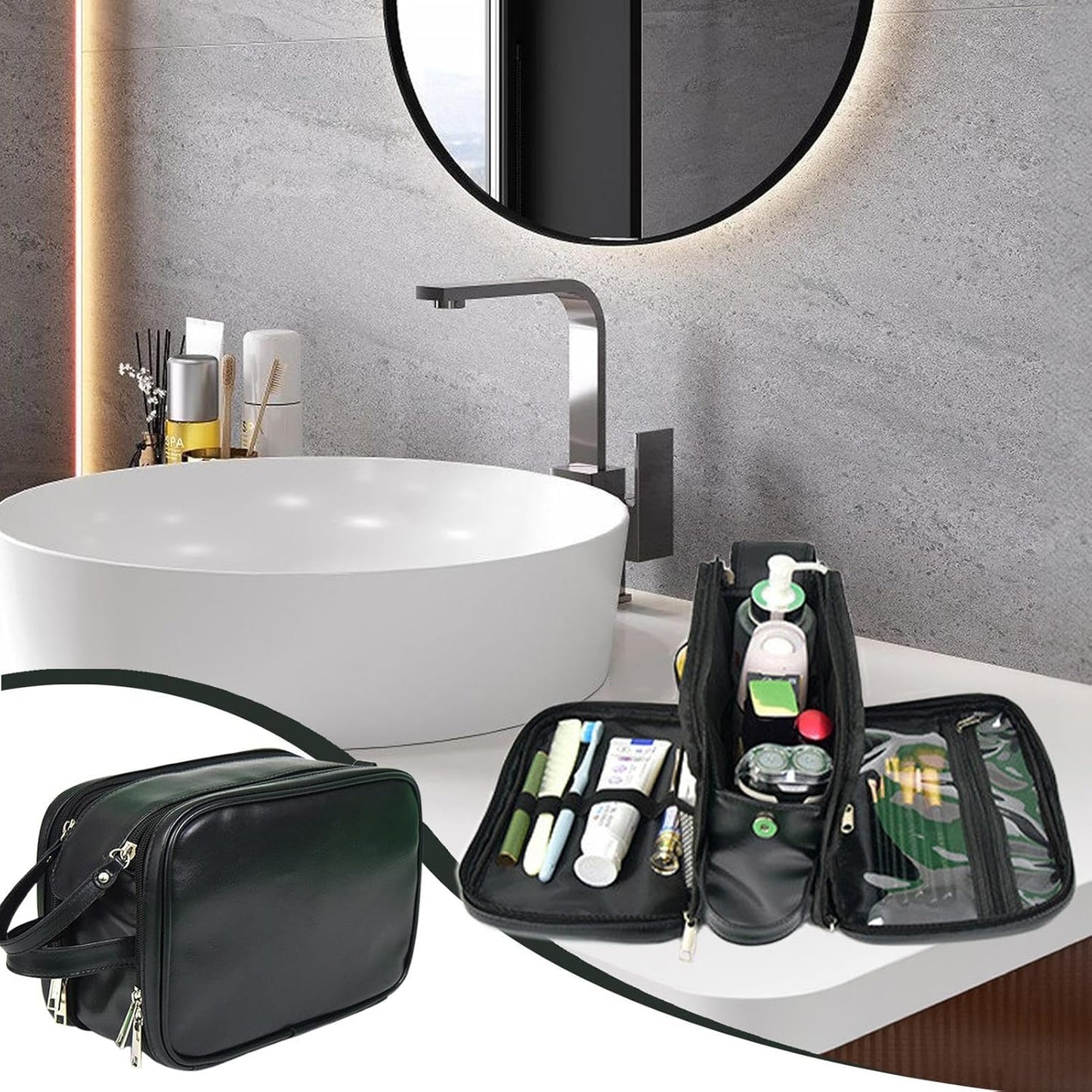 Toiletry Organizer, Bathroom Travel Bag, Travel Toiletries Bag, Men's Toiletry Kit, Shaving Kit Organizer, 24 x 17 x 14 cm, Large Capacity Toiletry Bag Organizer for Bathroom and Travel Use, Black,