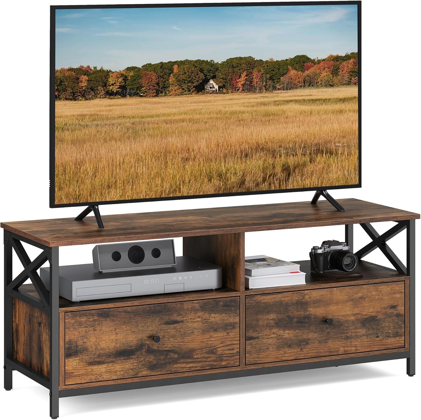 VASAGLE LTV300B01 TV Unit, TV Stand, Up to 55 Inches, 120 cm Long, 2 Drawers 2 Open Shelves, 40 x 120 x 50 cm, Living Room, Bedroom, Steel Frame, Vintage Brown and Black