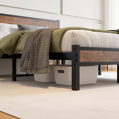 DUMEE Queen Bed Frame with Wood Headboard and Footboard, Metal Bed Frame Queen Size Under Bed Storage, No Box Spring Needed, Enhanced Support Noise Free (Black+Brown Oak)