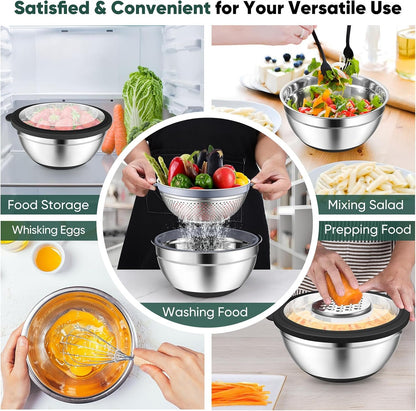 P&P CHEF Mixing Bowls with Lids Set of 3, 3 Pcs Stainless Steel Nesting Salad Bowls and Colander for Kitchen, 3 Grater Attachments & Non-Slip Bottoms, Visible & Airtight Lid, Black