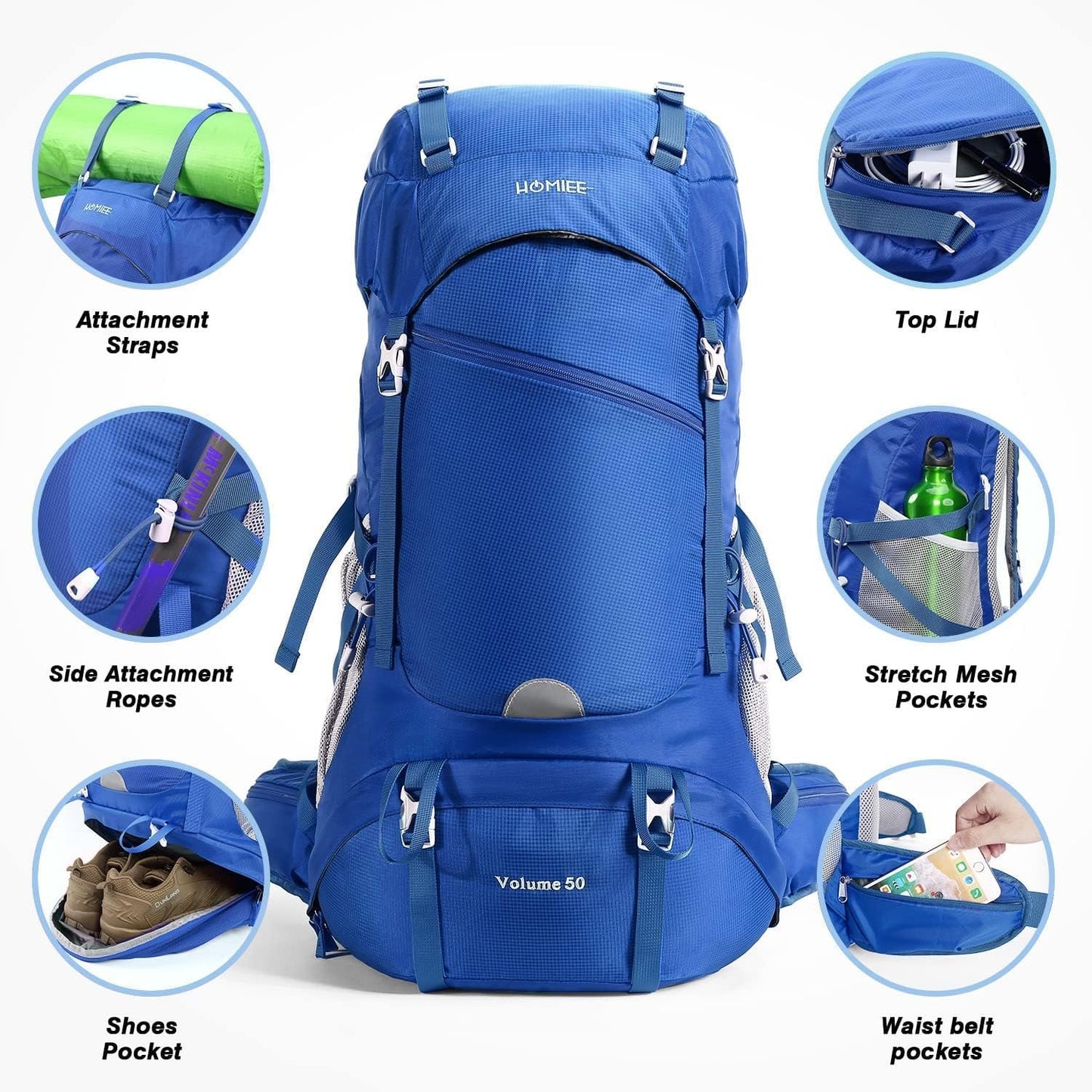 HOMIEE 50-60L Hiking Travel Camping Backpack for, Waterproof Lightweight Daypack with Rain Cover for Camping Touring