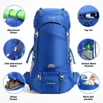 HOMIEE 50-60L Hiking Travel Camping Backpack for, Waterproof Lightweight Daypack with Rain Cover for Camping Touring
