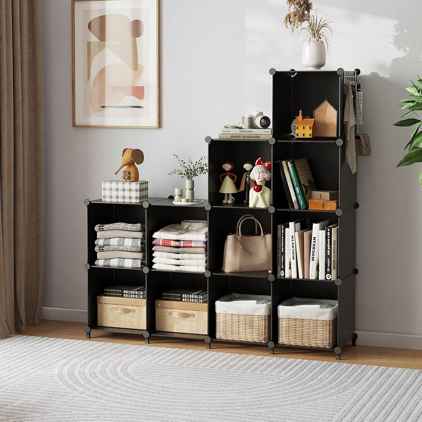 AWTATOS Cube Storage Organizer Modular Storage 12 Cube Bookshelf DIY Plastic Closet Storage Shelves with Wooden Mallet, Ideal Storage Solution for Home, Office, Bedroom, Black