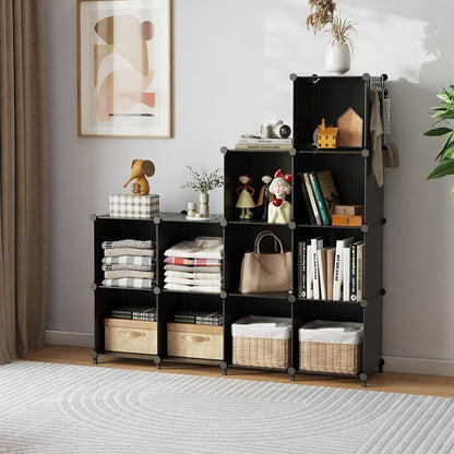 AWTATOS Cube Storage Organizer Modular Storage 12 Cube Bookshelf DIY Plastic Closet Storage Shelves with Wooden Mallet, Ideal Storage Solution for Home, Office, Bedroom, Black