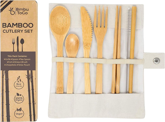 Bmbu ToGo Bamboo Cutlery Set | Bamboo Travel Utensils | Reusable Cutlery Set | Include Knife Fork Small Spoon Large Spoon Chopsticks and Straw (White, 1 Pack)