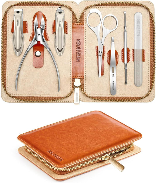 MR.GREEN Upgraded Manicure Set, German Stainless Nail Clippers Set w/Anti Splash Cather, Quality Fingernail& Toenail Clipper, Professional Nail Care Kit with Exquisite Leather Case for Men&Women